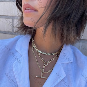 14K Gold Chunky Lariat Necklace, Toggle Drop Chain, 18&quot; Real Gold Necklace For Women, Round And Paperclip Links, Thick Gold Y Necklace