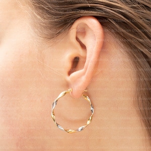 Two Tone 14K Gold Twisted Hoop Earrings, 35 x  3 mm, Yellow And White Gold
