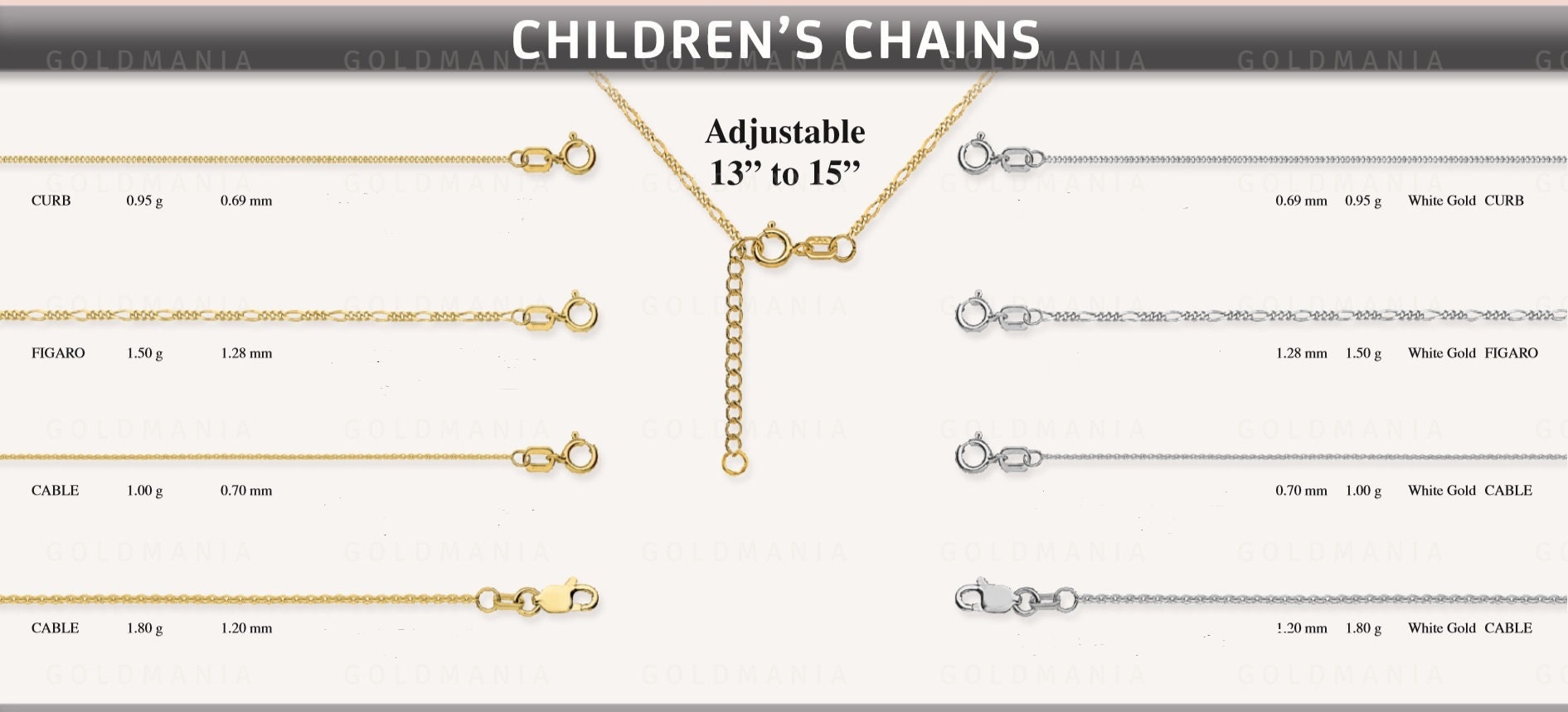 14k 13-15 Inch Adjustable Figaro Chain Necklace 15 Inch in White Gold Yellow Gold and 1.28mm 14k 13-15 Inch Adjustable Figaro Chain Necklace 15 Inch in White Gold Yellow Gold and 1.28mm