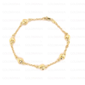 14K Yellow Gold Puffed Heart Station Bracelet, 6&quot; 7&quot; Inch, Real Gold Bracelet, Women