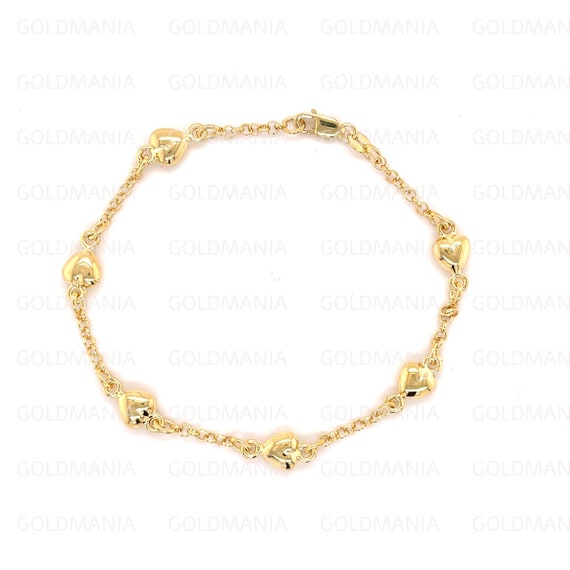 14K Yellow Gold Puffed Heart Station Bracelet, 6" 7" Inch, Real Gold Bracelet, Women