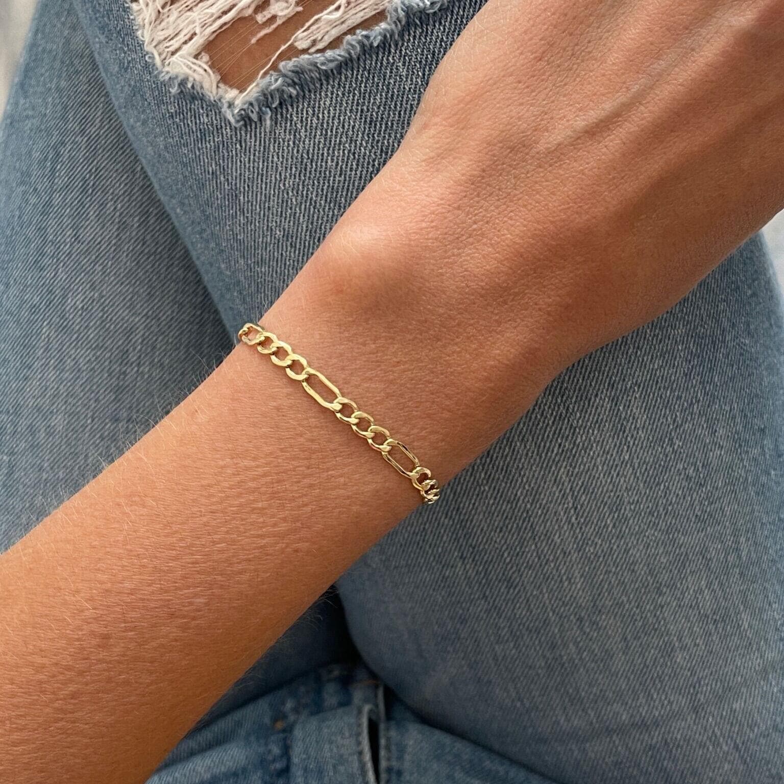 10K Yellow Gold Figaro Link Chain Bracelet, 7
