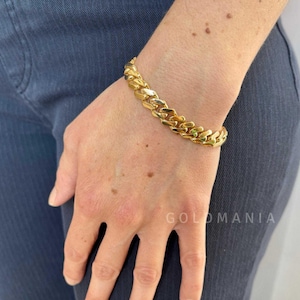 14K Yellow Gold Miami Cuban Link Chain Bracelet, 7&quot; 8.25&quot; Inch, 9.5mm Thick, Women Gold Bracelet, Real Gold Bracelet, Women Cuban