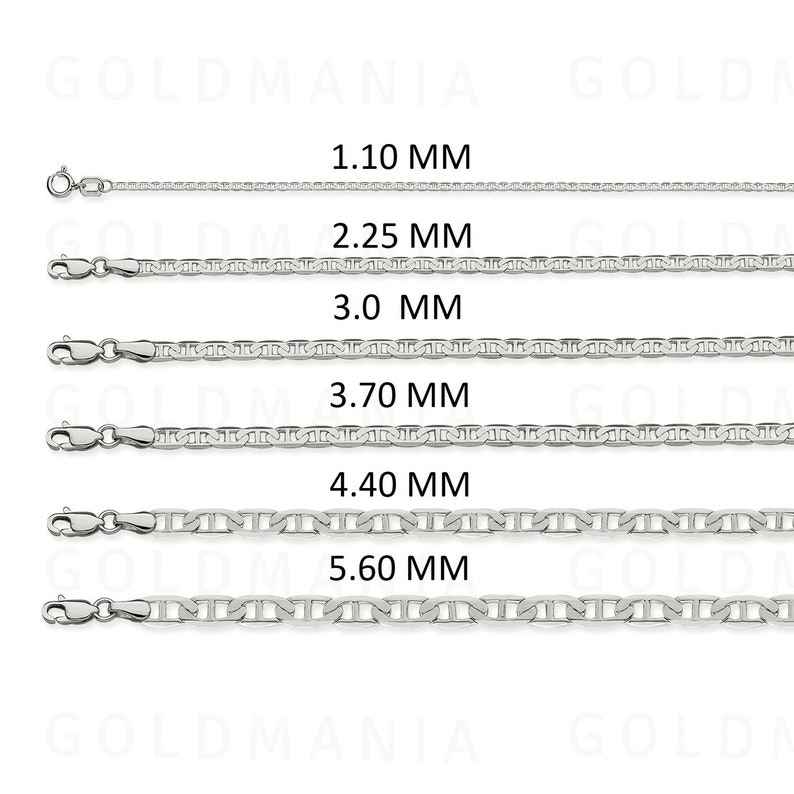 Op de afbeelding: Vijf zilveren ankerkettingen in verschillende breedtes, vari&euml;rend van 1,10 mm tot 5,60 mm. De kettingen zijn horizontaal gelegd, met de kleinste ketting bovenaan en de grootste ketting onderaan.