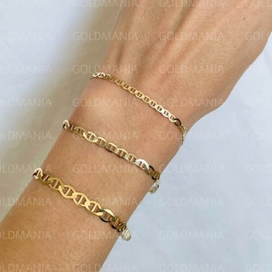 14K  Solid Gold Mariner Link Chain Bracelet, 7&quot; 8&quot;, 3.2mm 4.5mm 5.5mm Thick, Real Gold Bracelet, Flat Mariner Bracelet, Men Women Bracelet