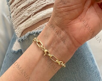 14K Yellow Gold Oval and Round Link Chain Bracelet, 7.5