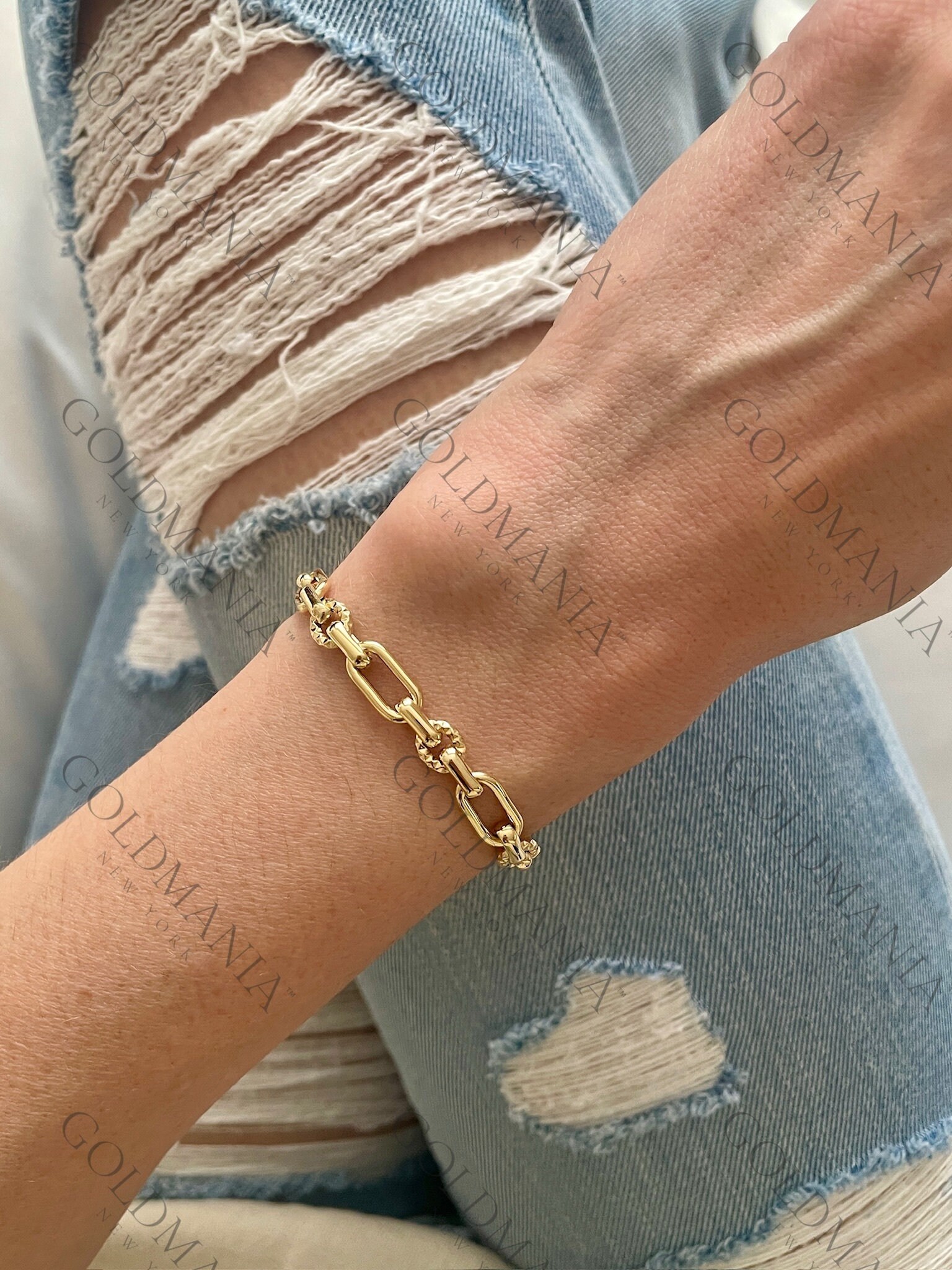 若者に人気のブランド 14K Yellow Gold Oval and Round Link Chain Bracelet, 7.5 アクセサリー
