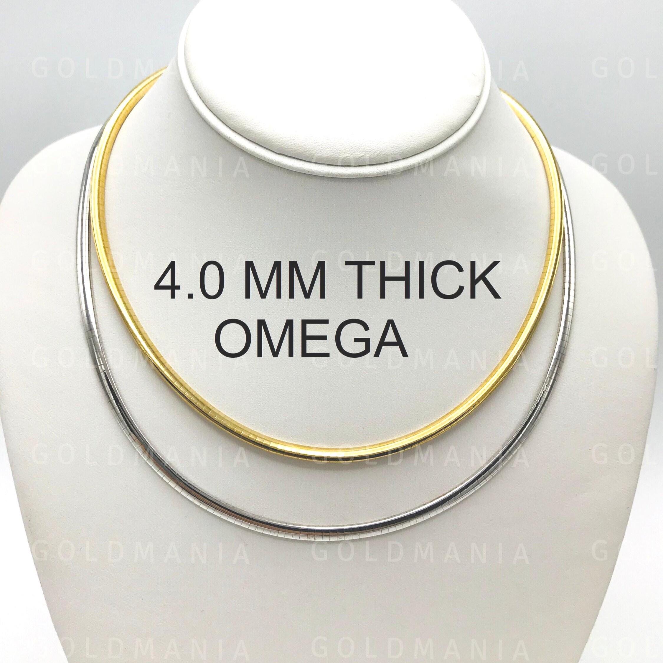 14Kソリッドゴールド オメガネックレス、厚さ4mm、イエローゴールド 