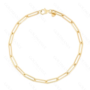 14K Gold Paperclip Chain Bracelet, Textured & Polished Links, 7.5&quot;