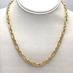 14K Yellow Gold Oval And Round Link Chain Necklace, 18" Inch, Real Gold Chain, Polished And Textured Links, Women Gold Necklace