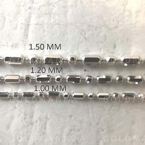 14k solid white god diamond cut bar and bead chain necklace. available in thickness 1mm, 1.20mm and 1.50mm and lengths 16, 18 and 18”