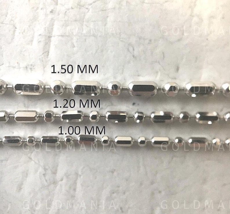 14k solid white god diamond cut bar and bead chain necklace. available in thickness 1mm, 1.20mm and 1.50mm and lengths 16, 18 and 18”