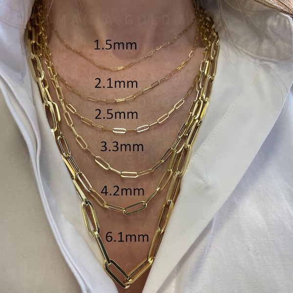 Collar de cadena con clip de oro de 14 quilates: eslabones de 1,2 mm a 6,1 mm de grosor, oro auténtico