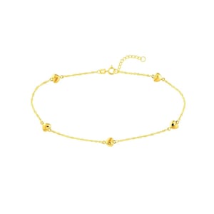 14K Gold Puffed Heart Anklet , 10&quot; Inch, Adjustable To 9&quot;
