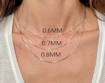 14K Solid White Gold Box Chain, Adjustable Necklace, Thin Real Gold