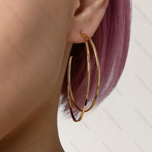 14K Yellow Gold Large Double Hoop Earring Set, Real Gold Earrings, Women Gold Earrings, C-Hoops, Half Hoops Thin Hoops, Big Hoops