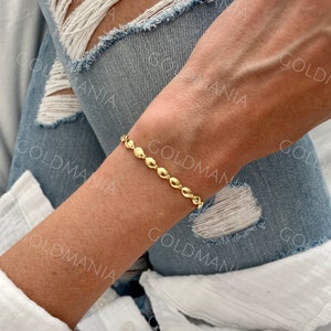 14K Yellow Gold Pebble Link Chain Bracelets Women, 4mm Thick, 7" Inch, Real Gold Bracelet, Flat Oval Links