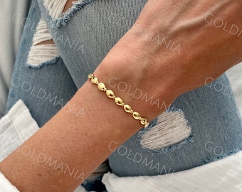 14K Yellow Gold Pebble Link Chain Bracelets Women, 4mm Thick, 7" Inch, Real Gold Bracelet, Flat Oval Links