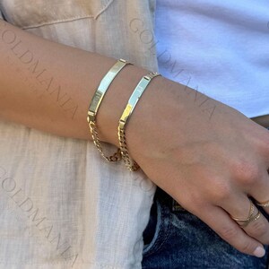 ID Bracelet, 14K Gold ID Bracelet, Curb Link Bracelet, Engravable Bar Bracelet, 7&quot; 8&quot; Inch, 5 mm 6 mm Thick, Bar Bracelet, Women Bracelet