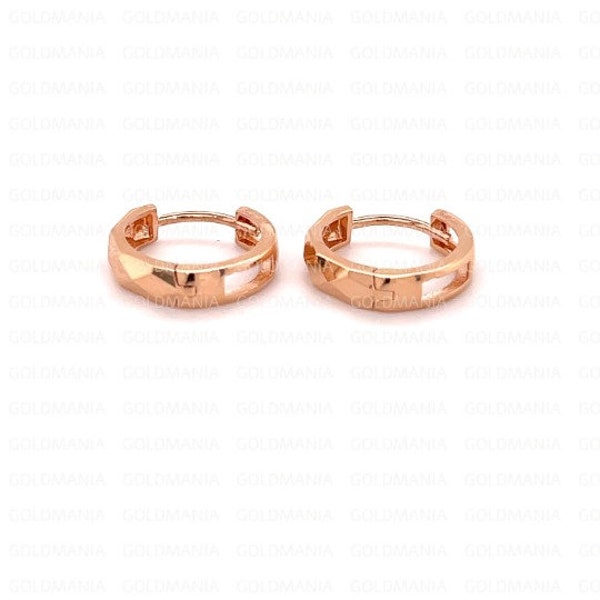 14K Rose Gold Faceted Huggie Hoop Earring Set, 12mm, Real Gold Earrings, Small Hoops, Snuggable Earrings, Women