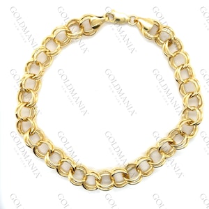 14K Gelbgold Chunky Double Link Charm Armband, 18,8 cm Zoll, Echtgold Armband, Frauen