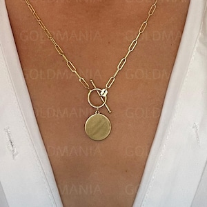 14K Yellow Gold Paperclip Disc Necklace With Toggle Lock, 18&quot; Inch, Real Gold Chain, Disc Gold Chain, Engravable Disc, Women