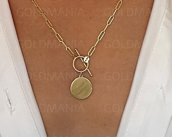 14K Yellow Gold Toggle Paperclip Chain Necklace: Engravable Disc