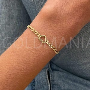 14K Gold Heart Curb Chain Bracelet, Real Yellow Gold Bracelet For Women, Heart Charm Bracelet, Open Heart Bracelet, 7&quot; Inch