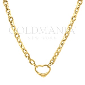 14K Yellow Gold Heart Charm Holder Necklace, Chunky Chain