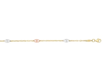 14K Tricolor Gold Anklet Bracelet, 10 Inch Real Yellow, White and Rose Gold