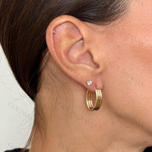 14K Yellow Gold Layered Hoops, Triple Row Oval Hoops, Ribbed Hoops, Real Gold Earrings for Women, Gold Jewelry Gift