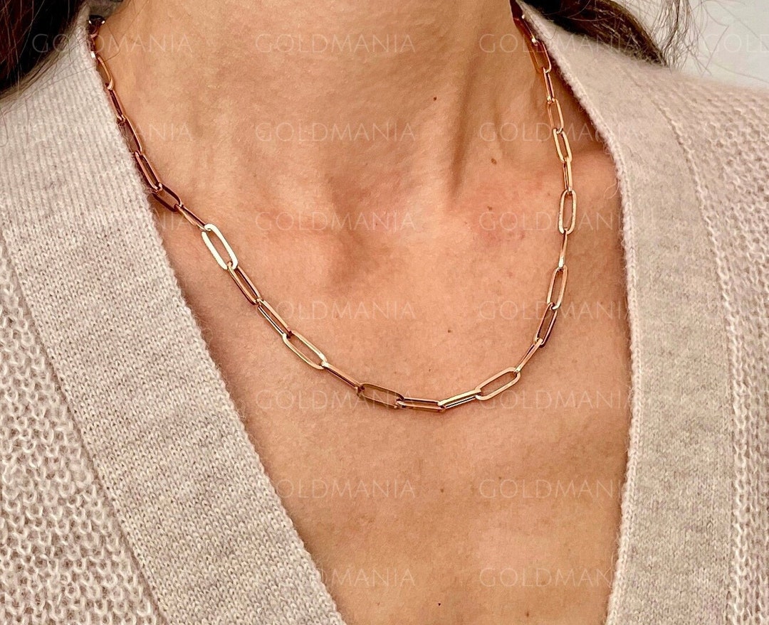 14K Rose Gold Paperclip Link Necklace, 4.2mm Thick, 18 Inch, Real Rose