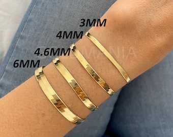 14K Solid Yellow Gold Herringbone Chain Bracelet, Real Gold Bracelet For Women, 7" 8", 3mm 4mm 4.6mm 6mm Thick,  Shiny Flat Gold Bracelet