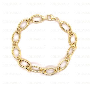 14K Yellow Gold Textured Oval Link Chain Bracelet, 7.25&quot; Inch, 8.6mm Thick, Real Gold Bracelet, Thick Bracelet, Women Gold Bracelet