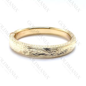 14K Yellow Gold Chunky Bangle Bracelet, Polished And Satin Finish,  Floral Engraving, 12 mm Thick, 7&quot; Inch, Real Gold Bangle, Women bangle