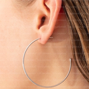 14K White Gold Hoops, 50 mm Hoops, C Hoops,  Half Hoops, Post Hoops, Push Back Earrings, Thin Hoops, Women Earrings