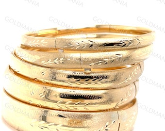 14K Gold Floral Bangle Bracelets, Hinged Bangles, Textured Bangles, Stackable Bangles, Real Gold Bangle, Women Gold Bracelets