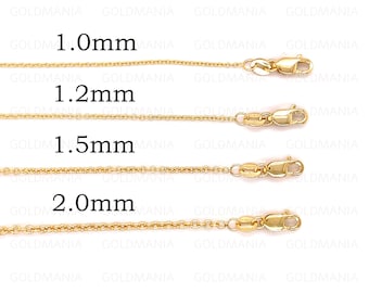 14K Solid Yellow Gold Round Cable Link Chain Necklace, 1mm 1.2mm 1.5mm 2mm Thick, 16" 18" 20" Inch, Real Gold Chain, Thin Gold Chain, Women