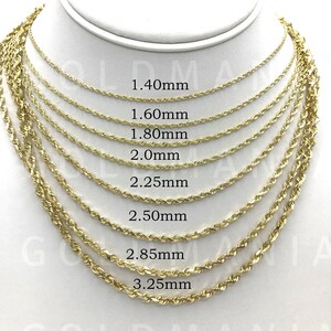 10K Solid Yellow Gold Diamond Cut Rope Chain Necklace, 1.4mm to 6mm ...