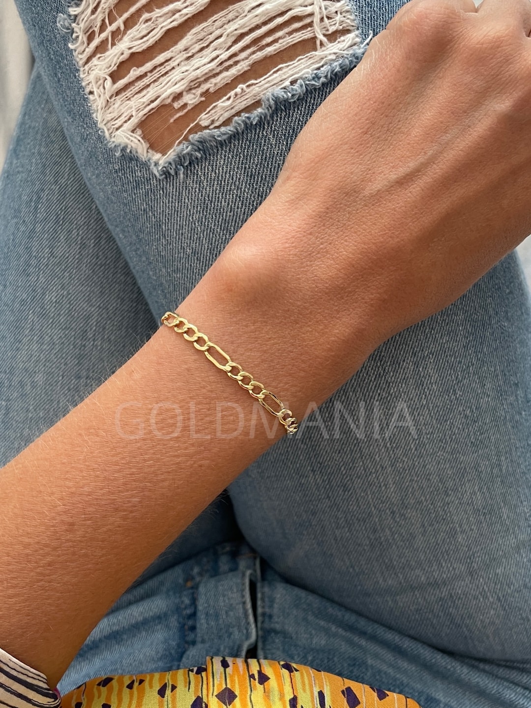 14K Yellow Gold Figaro Link Chain Bracelet, 7 8.5 Inch, 4.6mm 5.4mm 6