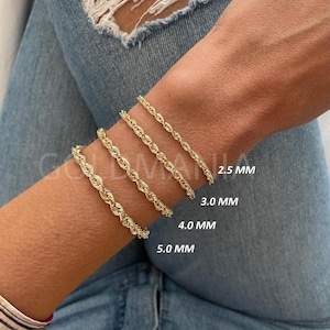 14K Solid Yellow Gold Rope Chain Bracelet, Diamond Cut Finish, Real Gold Bracelet For Women, 7&quot; 8&quot; Inch, 1.5mm 2.5mm 3mm 4mm 5mm Thick