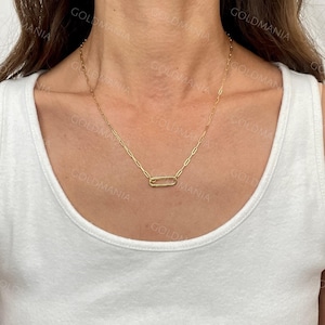 14K Gold Charm Holder Paperclip Necklace, 18&quot; Chain with Push Lock Clasp, Real Gold Necklace for Women, Elegant Minimalist Jewelry