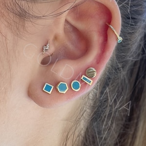 14K Yellow Gold Turquoise Enamel Hexagon Stud Earrings, 5mm, Real Gold Earrings, Small Gold Studs, Women