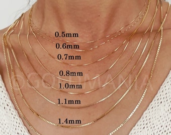 14K Solid Yellow Gold Box Chain Necklace, 13" To 30" Inch, 0.5mm To 1.6mm Thick, Real Gold Chain, Box Link Chain, Box Chain Gold,