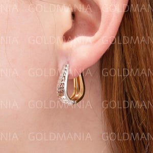 14K Two Tone Gold Tapered Hoop Earrings, Diamond Cut Earrings, Textured Hoops, Reversible Earrings, Real Gold Earrings, Women