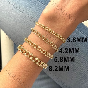 14K Yellow Gold Double Link Charm Bracelet, 7&quot; 7.25&quot; 8&quot; Inch, 3.8mm 4.2mm 5.8mm 8.2mm Thick, Real Gold Bracelet, Women