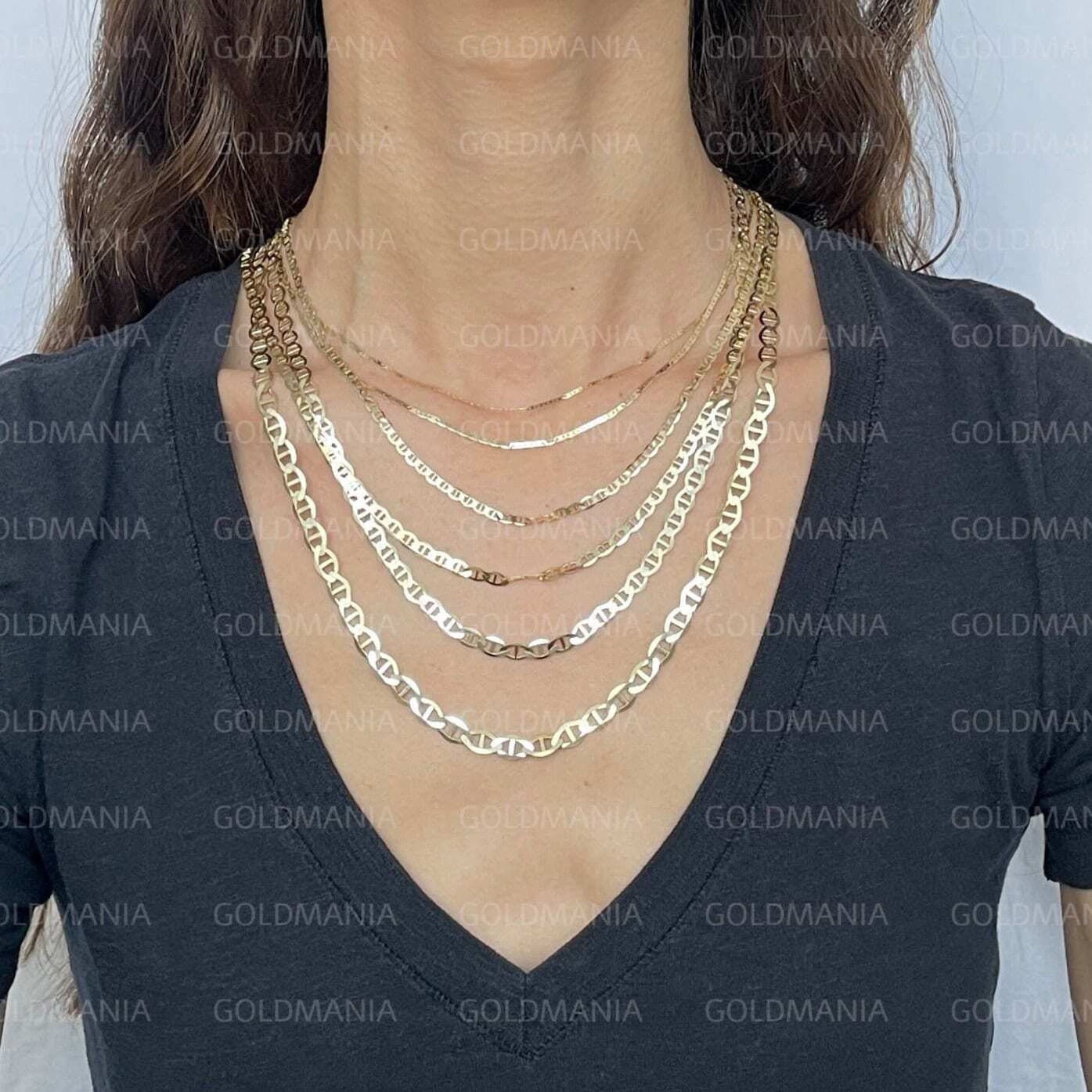10K Solid Yellow Gold Mariner Chain Necklace, 16" To 30", 1.2mm To 5.5mm Thick, Real Gold Chain, Flat Link Chain, Women
