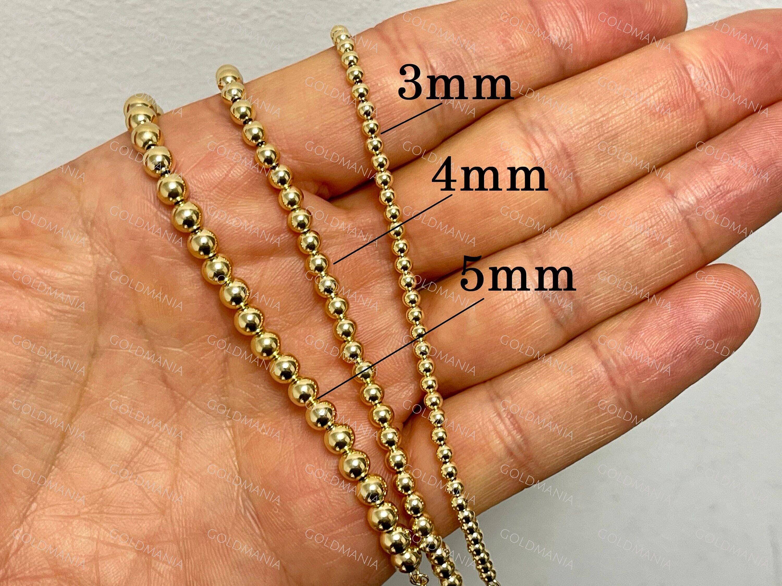 14Kイエローゴールドビーズボールブレスレット：3mm、4mm、5mm、長さ8 