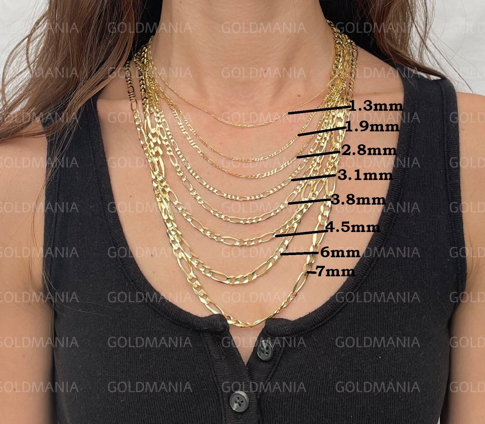 14K Yellow Gold Figaro Link Chain Necklace 16 30 Inch 1.3mm 7mm