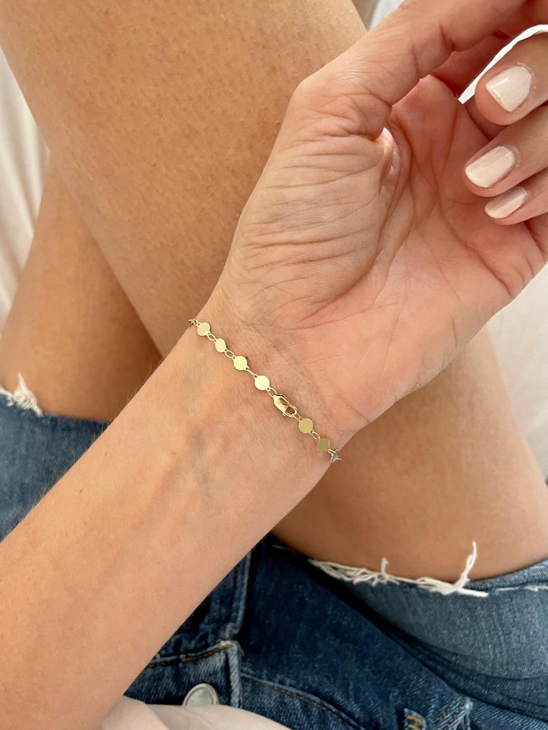 14K Yellow Gold Round Mirror Link Chain Bracelet, 7" Real Gold Bracelet image 2